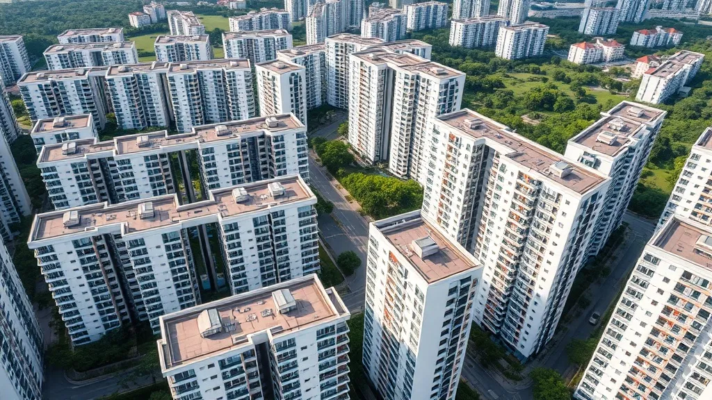 A high-angle architectural shot of a modern HDB housing esta