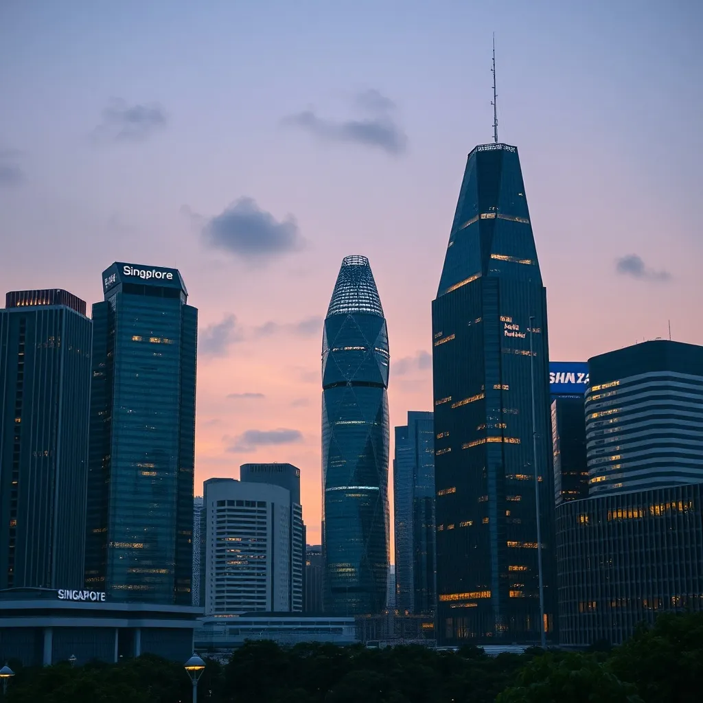Modern Singapore financial district skyscrapers at dusk, cri